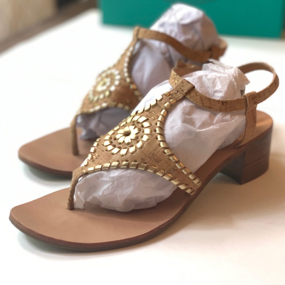 Jack Roger Elise Cork & Gold sandals, mid heel